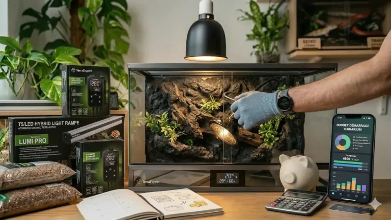 Application mobile de suivi de budget terrariophilie devant un terrarium premium et équipement technique TerraExpert.
