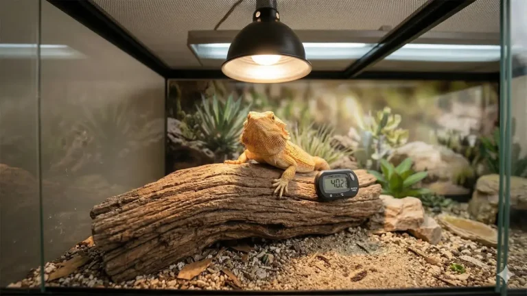 Agame barbu sous son système de chauffage terrarium avec thermomètre digital affichant 40.2°C.