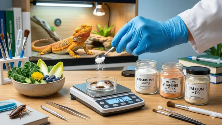 Préparation de suppléments pour reptiles : pesée de calcium pur sur balance de précision pour un dragon barbu (Pogona).
