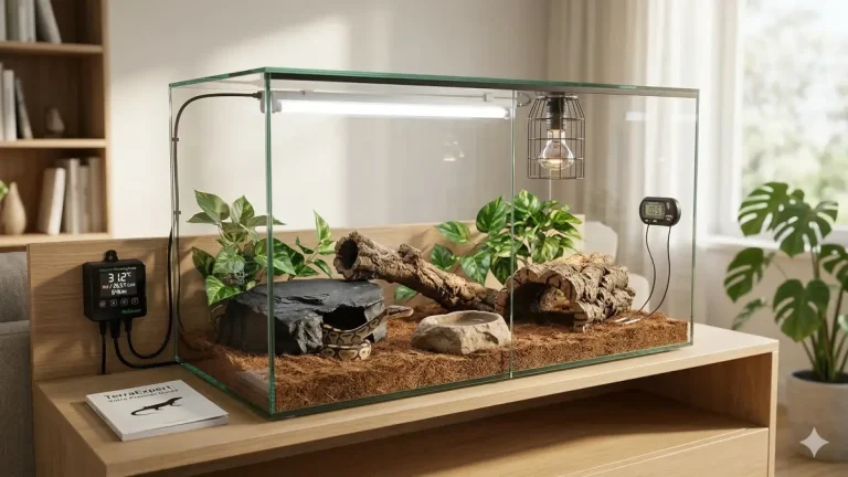 Exemple d'un équipement reptile débutant complet en 2026 : terrarium en verre pour python royal avec éclairage UVB, chauffage sécurisé, thermostat Habistat et décor naturel.