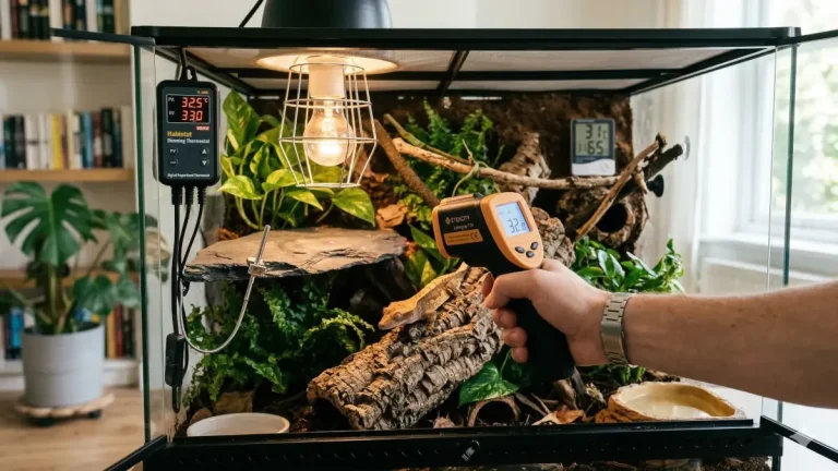 Audit thermique avec thermomètre infrarouge pour corriger une erreur configuration thermique et valider le réglage thermostat reptile au point chaud.