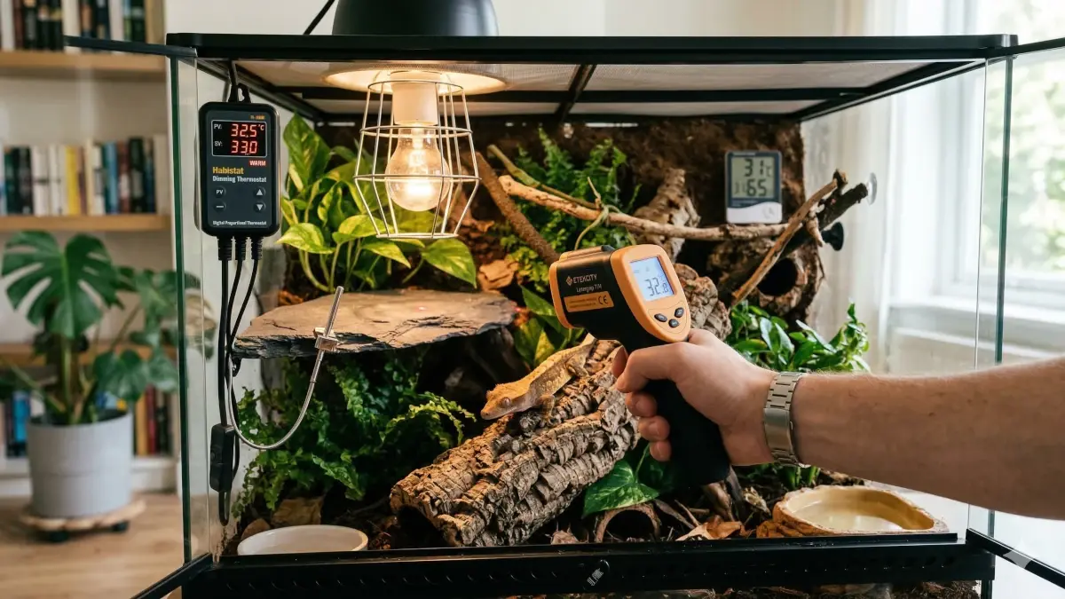 Audit thermique avec thermomètre infrarouge pour corriger une erreur configuration thermique et valider le réglage thermostat reptile au point chaud.