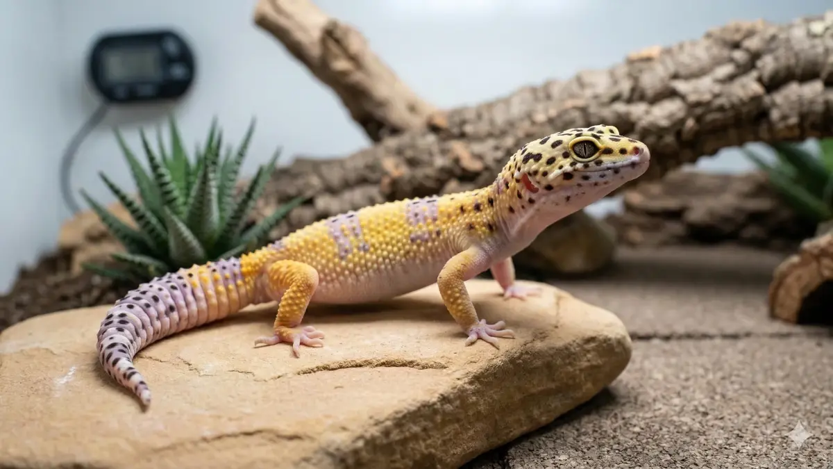 Un Gecko Léopard adulte, à la peau jaune et lavender vibrant et aux tâches noires, perché sur une roche de grès dans un terrarium aride moderne et expert.