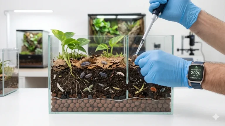 Coupe technique d'un terrarium bioactif montrant les couches de drainage et de substrat ABG Mix - TerraExpert
