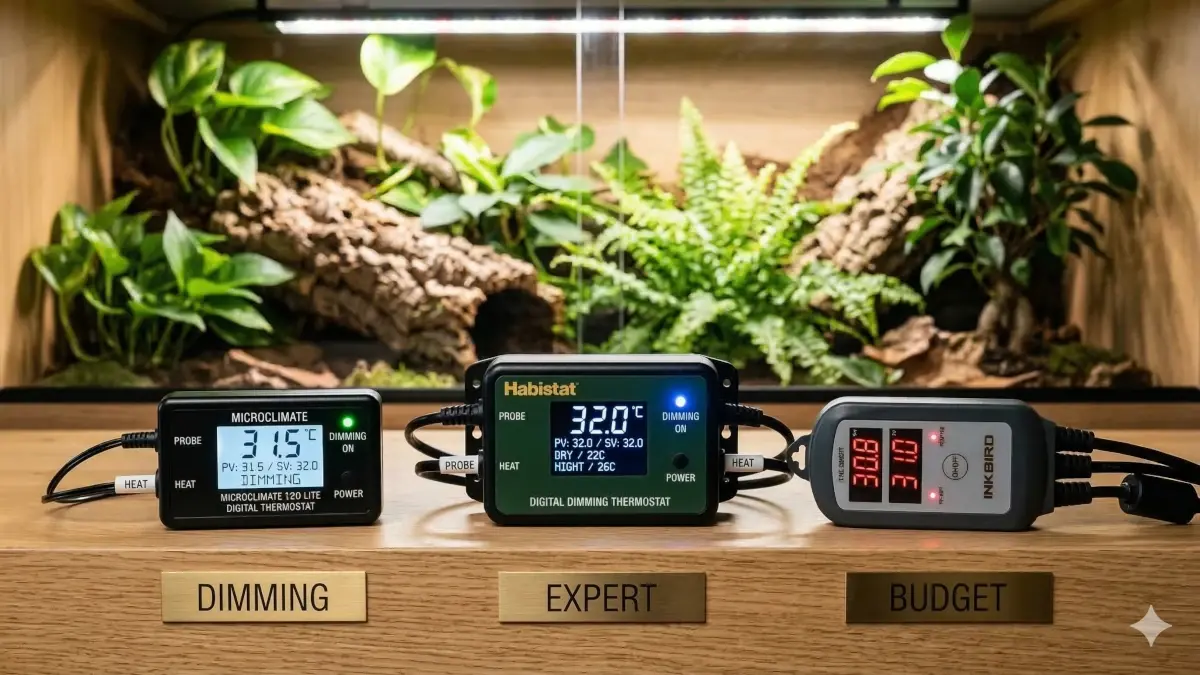 Comparatif pour choisir le meilleur thermostat terrarium : modèles Dimming, Expert et Budget pour reptile.