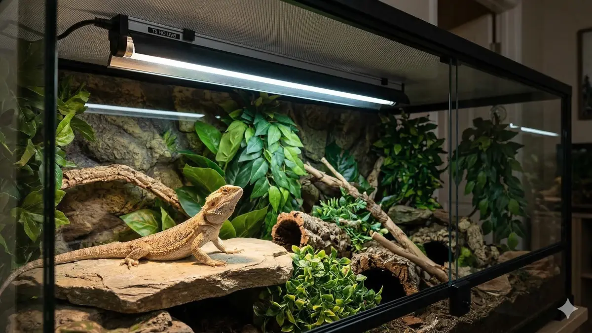 Installation d'une lampe UVB reptile de type rampe T5 au-dessus d'un terrarium planté.