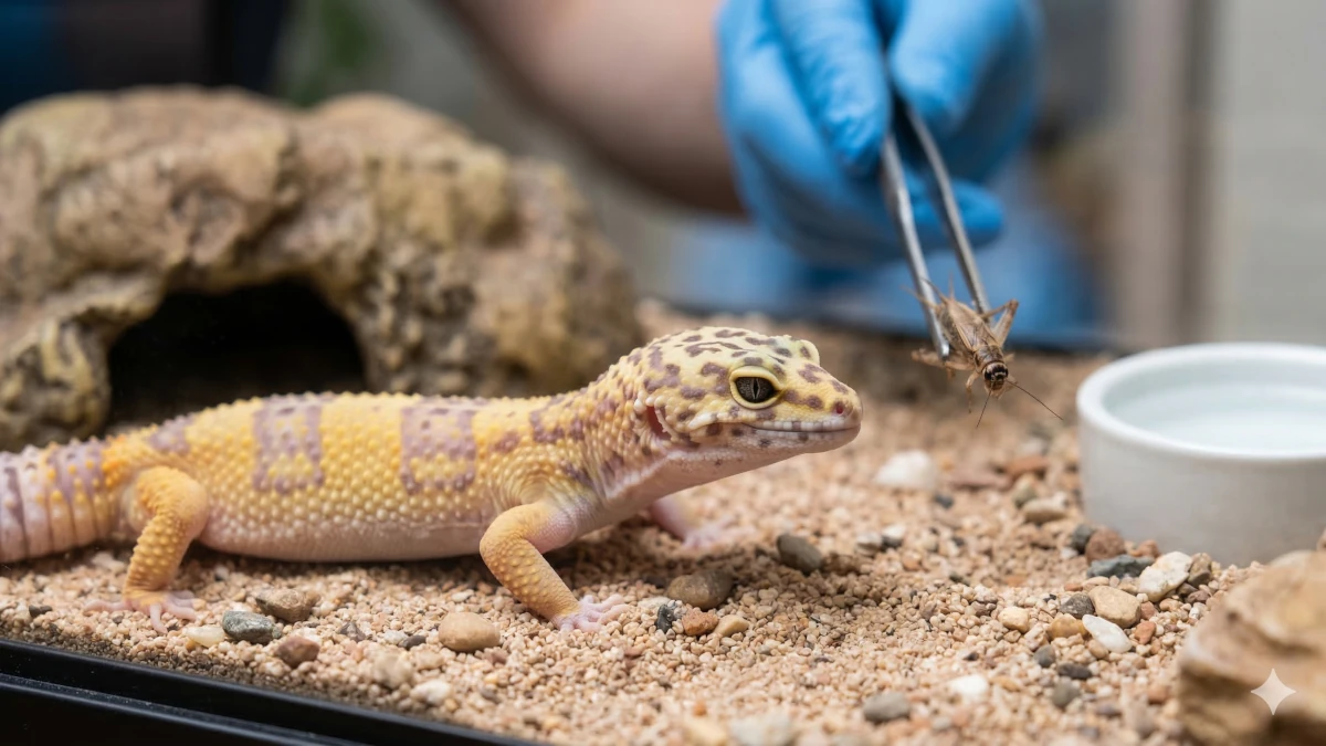 Un reptile ne mange plus : examen d'un gecko léopard par un soigneur avec une pince.