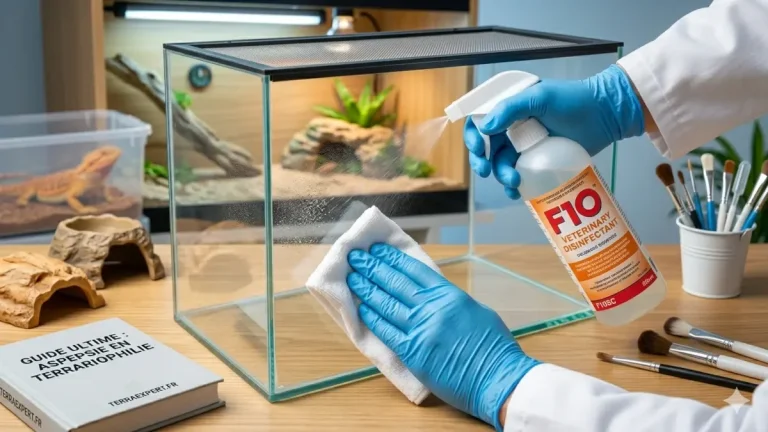 Application rigoureuse d'un protocole d'hygiène et désinfection en terrariophilie : un expert pulvérise du désinfectant F10 sur les parois d'un terrarium en verre vide.