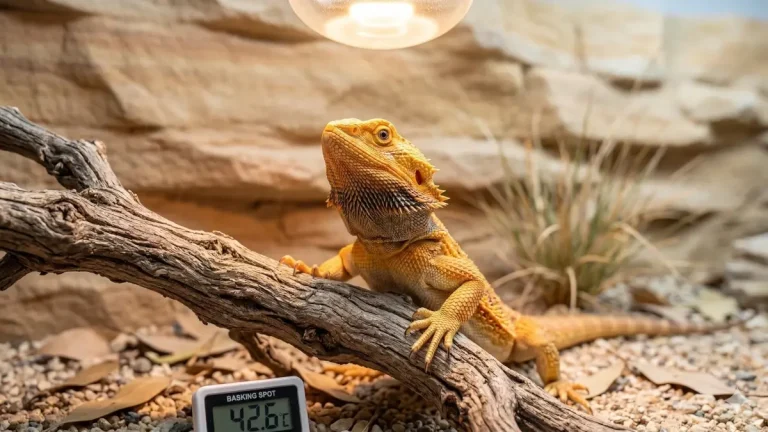 Gros plan d'un Pogona Vitticeps adulte vibrant en train de lézarder (basking) sous une lampe chauffante sur une branche de vigne texturée, dans un terrarium désertique en bois.