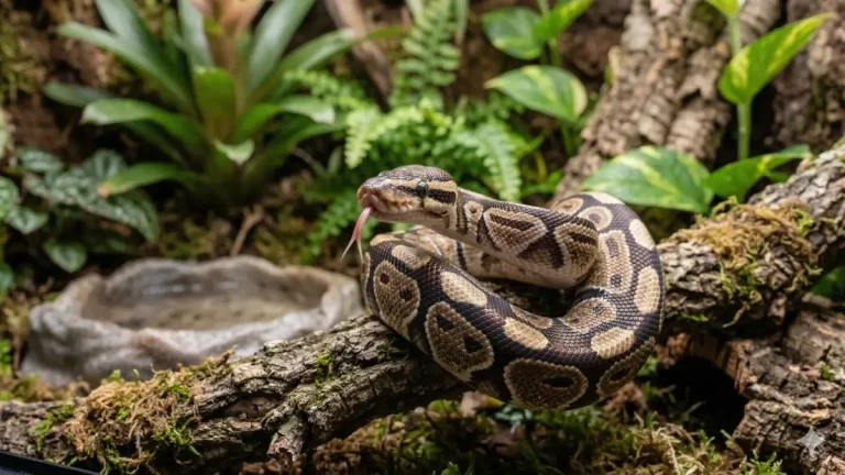 Python Royal (Python regius) de phase classique sur une racine de bois dans un terrarium naturel, explorant son environnement avec sa langue.