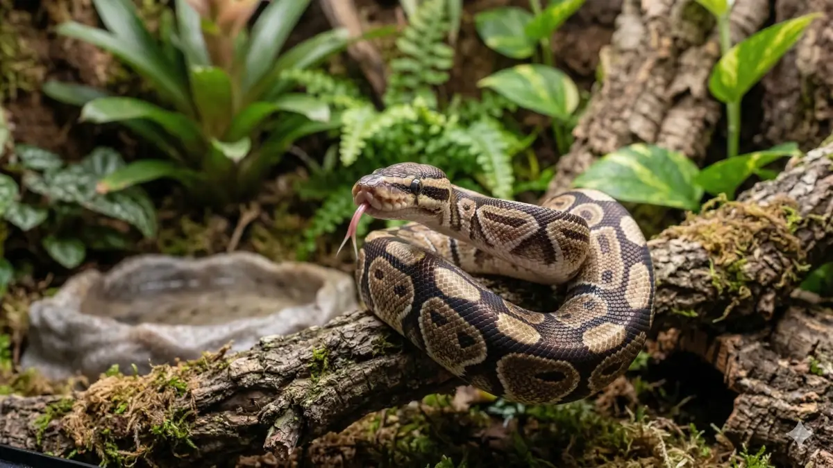 Python Royal (Python regius) de phase classique sur une racine de bois dans un terrarium naturel, explorant son environnement avec sa langue.