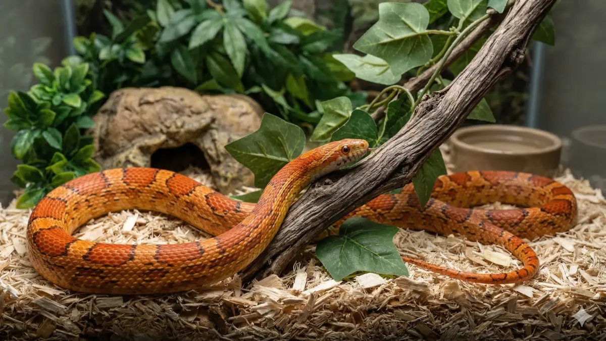Un serpent des blés (Pantherophis guttatus) adulte dans un terrarium naturel avec substrat d'Aspen.