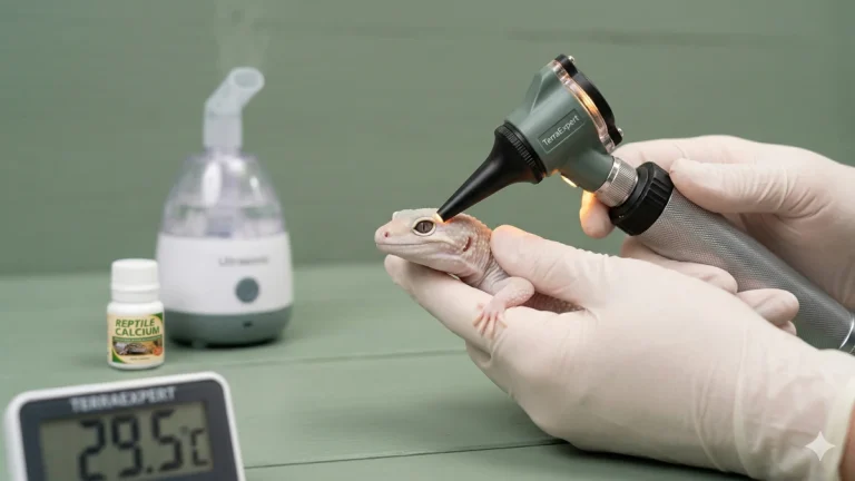 Gros plan d'une main gantée examinant un gecko léopard à la peau pâle avant une mue. Arrière-plan flou montrant une petite bouteille de calcium pour reptile.