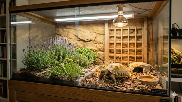 Tortue des Steppes (Testudo horsfieldii) dans un terrarium en bois lumineux avec plantes naturelles, zone de soleil et substrat adapté.
