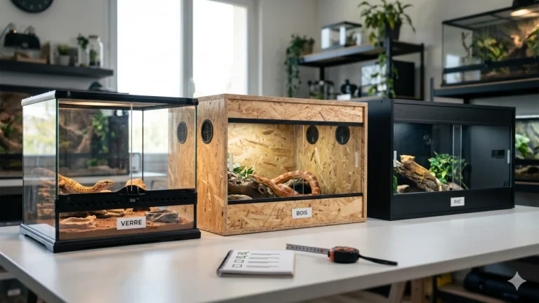 Comparatif visuel de trois terrariums alignés : un modèle en verre (Verre), un modèle en bois (Bois) et un modèle en PVC (PVC) sur un plan de travail pour aider à choisir son terrarium.