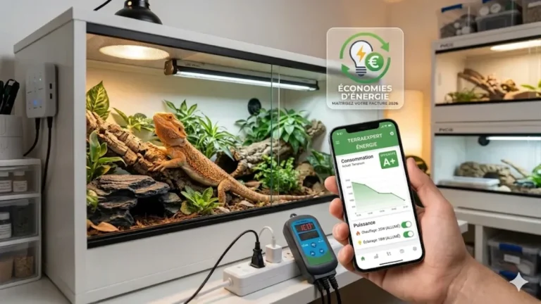Graphique de consommation électrique [du] terrarium affiché sur un smartphone TerraExpert devant un Pogona.
