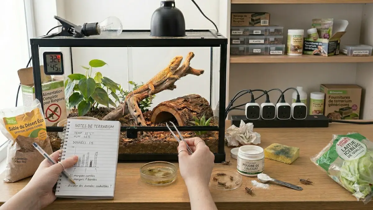 Illustration des erreurs débutant en terrariophilie : installation d'un terrarium avec alimentation et substrat inadaptés.