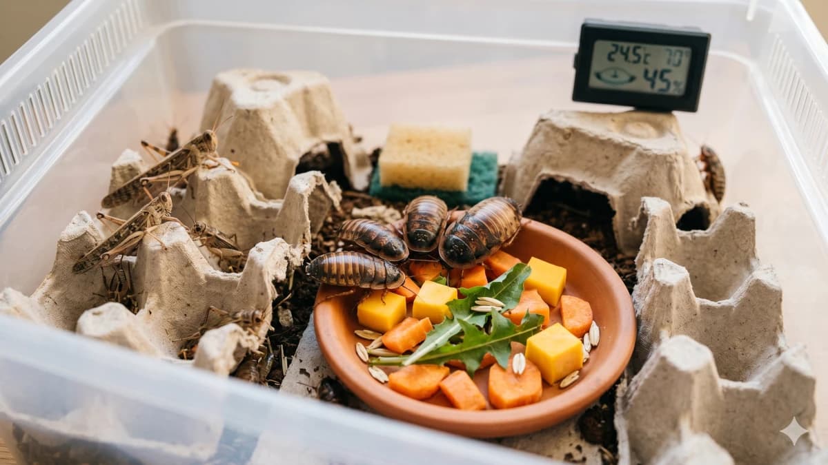 Bac de stockage optimisé pour insectes nourriciers reptile avec blattes Dubia, grillons, cartons d'œufs et coupelle de légumes frais pour le gut-loading.
