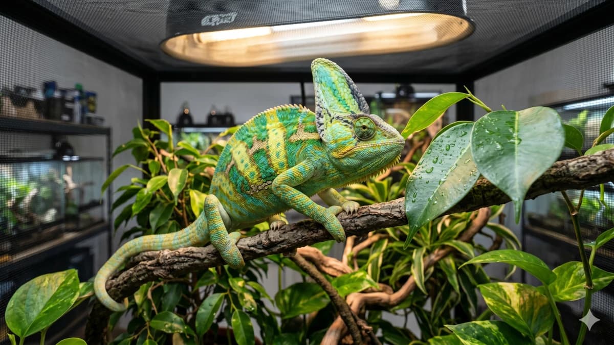 Photographie professionnelle d'un mâle Caméléon Casqué du Yémen coloré perché sur des branches dans un flexarium planté pour illustrer le guide d'élevage TerraExpert.