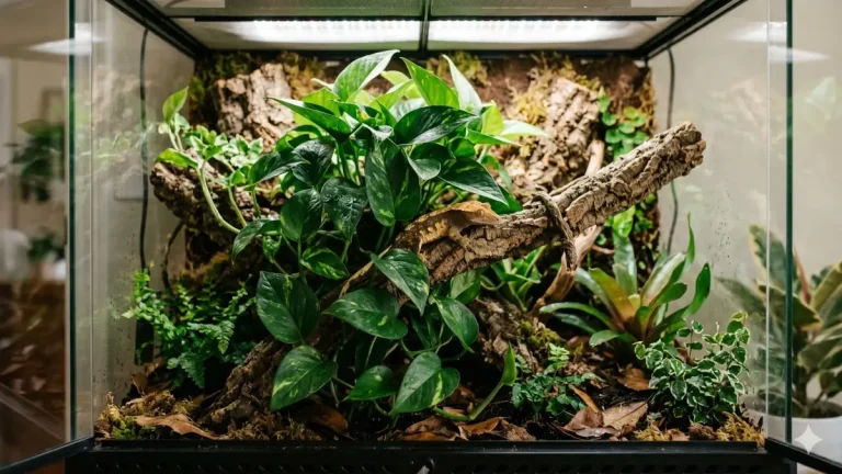 Aménagement naturel et sécurisé d'un terrarium tropical avec une plante terrarium reptile de type Pothos, un substrat bioactif et un Gecko à crête se cachant sous le feuillage.