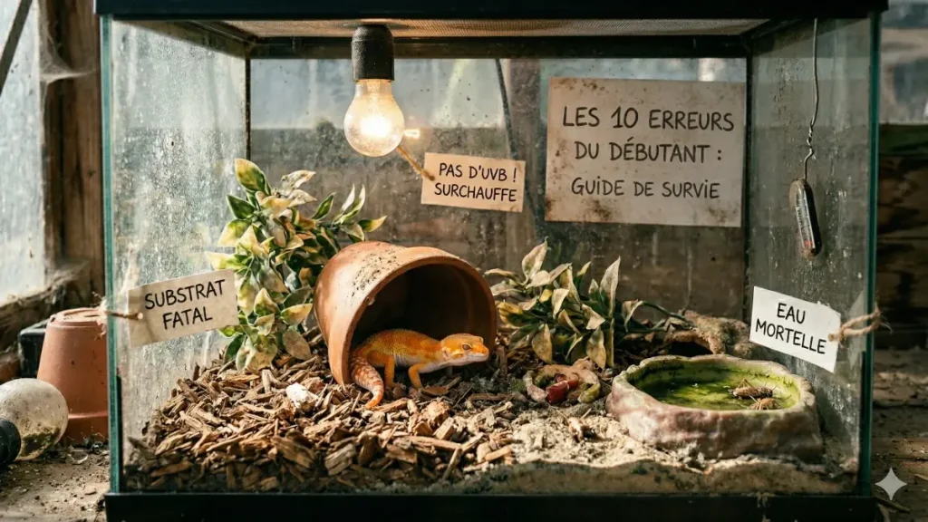 Illustration pédagogique montrant un gecko dans un terrarium mal entretenu avec des panneaux "Substrat Fatal" et "Eau Mortelle" pour alerter sur les erreurs de débutant.