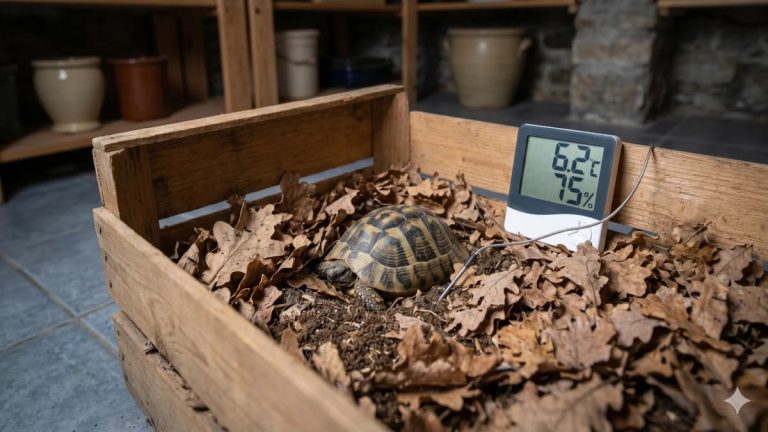Hibernation tortue terrestre : exemple d'installation sécurisée avec une caisse de transport, des feuilles de chêne et un thermomètre à sonde.