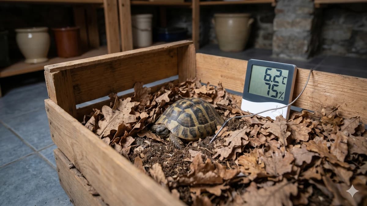 Hibernation tortue terrestre : exemple d'installation sécurisée avec une caisse de transport, des feuilles de chêne et un thermomètre à sonde.