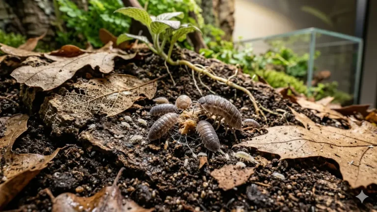 Groupe d'isopodes et collemboles en train de nettoyer le substrat et la litière de feuilles d'un terrarium bioactif.