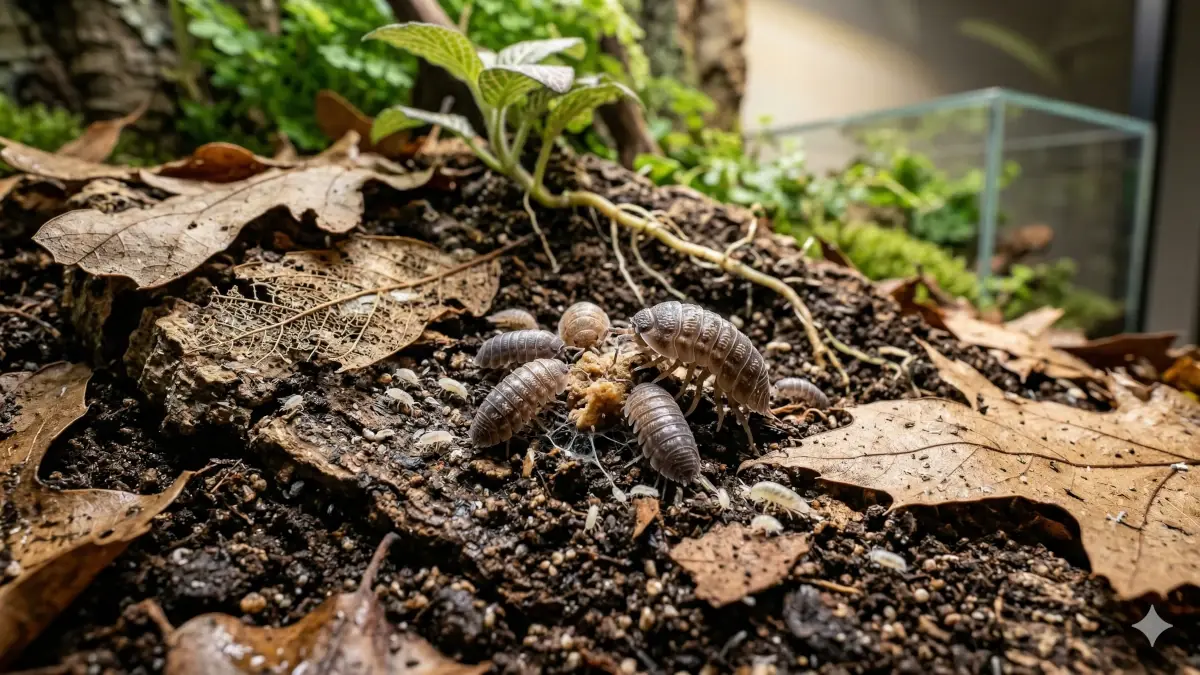 Groupe d'isopodes et collemboles en train de nettoyer le substrat et la litière de feuilles d'un terrarium bioactif.