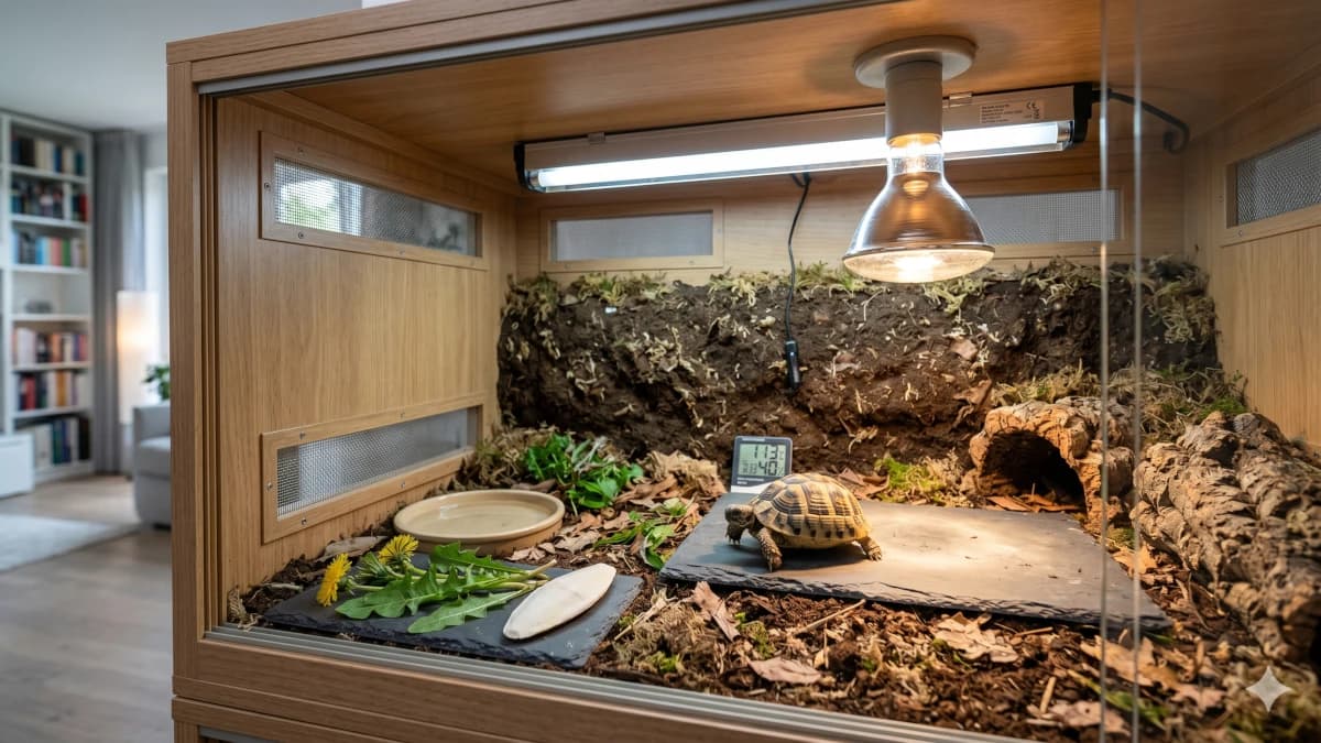 Équipement tortue terrestre complet en terrarium : lampe chauffante, tube UVB, thermomètre digital, os de seiche et ardoise de nourrissage.