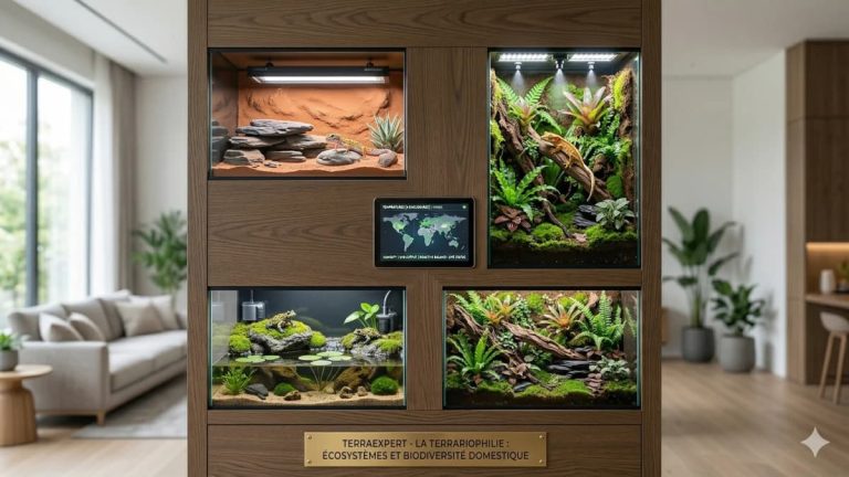 Un terrarium bioactif moderne avec un gecko à crête et un panneau d'informations. Réponse visuelle à la question Qu'est-ce que la terrariophilie ?