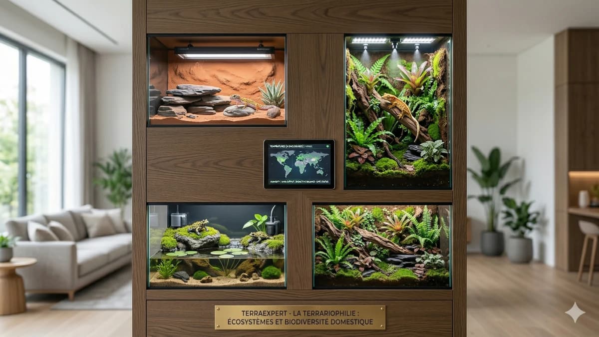 Un terrarium bioactif moderne avec un gecko à crête et un panneau d'informations. Réponse visuelle à la question Qu'est-ce que la terrariophilie ?