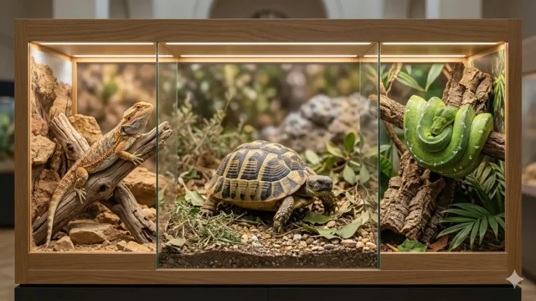 Photo montage de qualité professionnelle d'une tortue d'Hermann, d'un lézard Pogona et d'un serpent vert pour déterminer quel reptile choisir pour débuter.