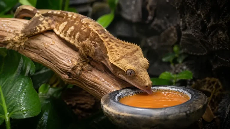 quel reptile choisir sans insectes : un gecko à crête léchant sa préparation frugivore dans un terrarium tropical propre et végétalisé.