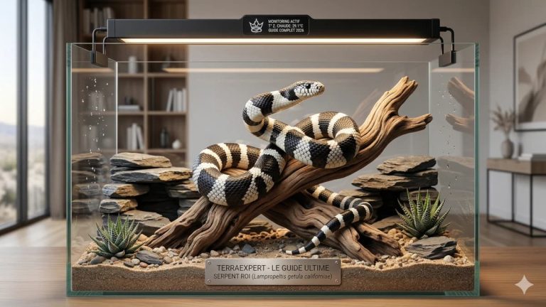 Un serpent roi de Californie noir et blanc dans un terrarium désertique moderne avec la plaque de guide ultime TerraExpert.