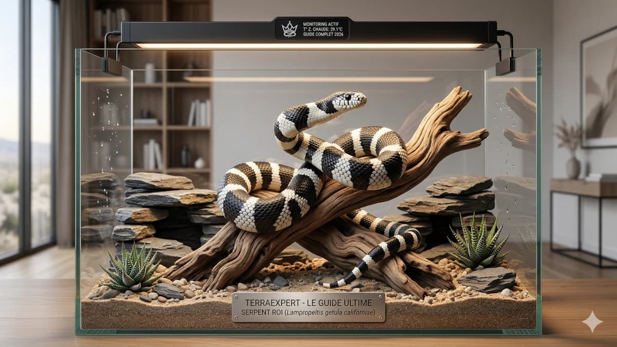 Un serpent roi de Californie noir et blanc dans un terrarium désertique moderne avec la plaque de guide ultime TerraExpert.