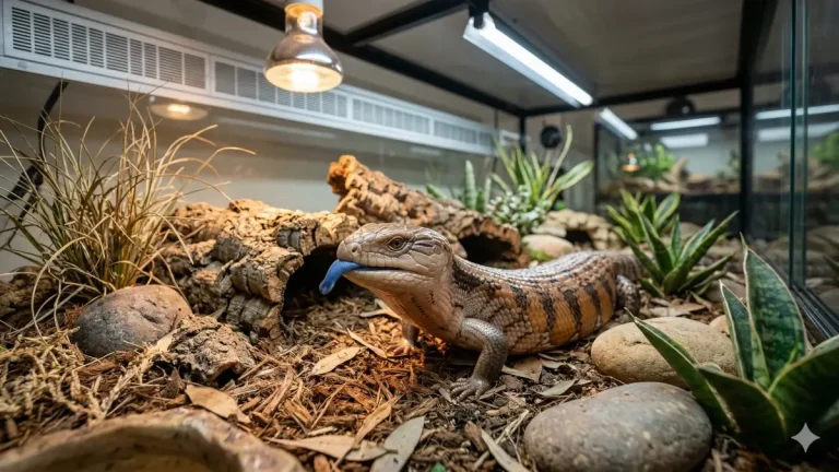 Skink à langue bleue montrant sa langue dans un terrarium aménagé avec éclairage UVB et substrat naturel.