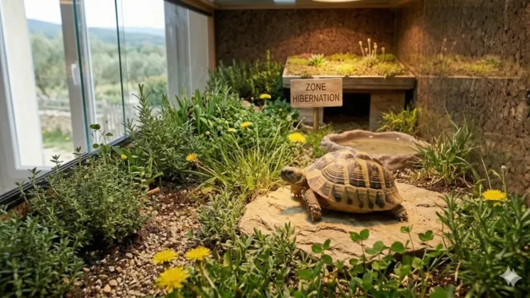Tortue d'Hermann dans un terrarium intérieur bioactif avec un abri en bois désigné comme zone d'hibernation.