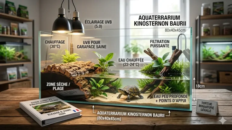 Un aquaterrarium complet pour une Kinosternon baurii avec des étiquettes en français détaillant la hauteur d'eau de 18cm, la plage sèche, l'éclairage UVB, le chauffage à 30°C et la filtration puissante pour cette tortue miniature légale.
