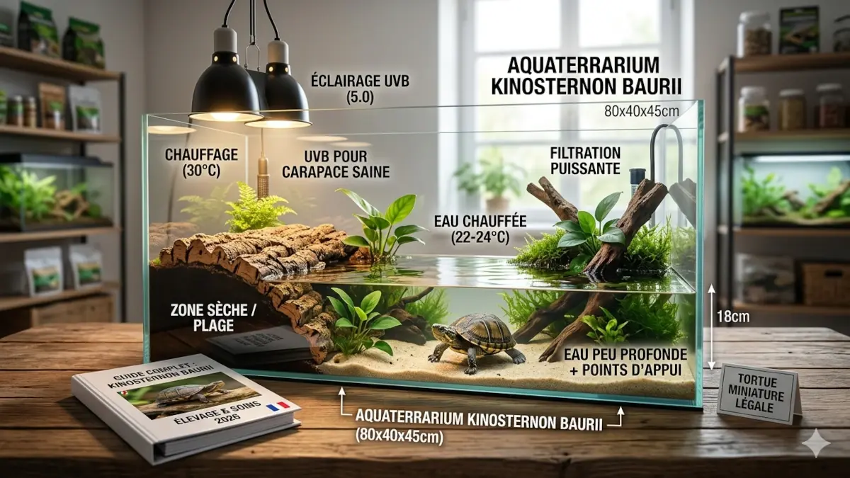 Un aquaterrarium complet pour une Kinosternon baurii avec des étiquettes en français détaillant la hauteur d'eau de 18cm, la plage sèche, l'éclairage UVB, le chauffage à 30°C et la filtration puissante pour cette tortue miniature légale.