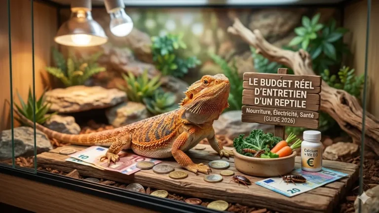 Illustration détaillée du budget entretien reptile présentant un agame barbu dans son terrarium avec des billets d'euros, de la nourriture fraîche, des insectes et du matériel de chauffage pour l'année 2026.