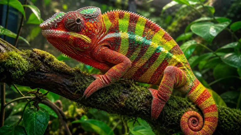 Mâle caméléon panthère Furcifer pardalis de localité Ambilobe sur une branche dans un terrarium tropical.