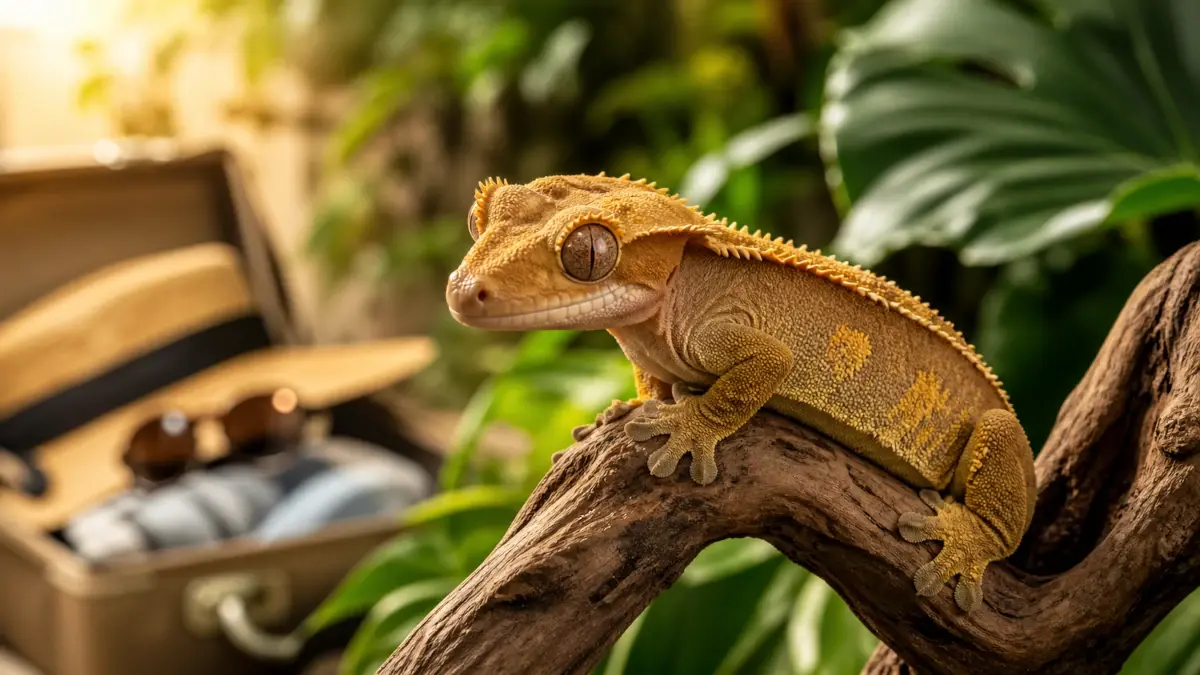 faire garder son reptile : un gecko à crête sur une branche devant une valise de vacances, symbolisant la garde en toute sécurité.