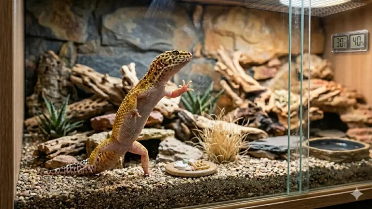 Un gecko léopard qui saute partout et grimpe stressé contre la vitre droite de son terrarium équipé d'un thermo-hygromètre digital affichant 30°C.