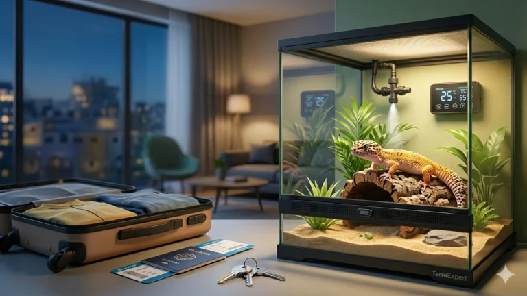 Un gecko léopard dans son terrarium automatisé à côté d'une valise ouverte, illustrant comment laisser son reptile seul pendant les vacances.