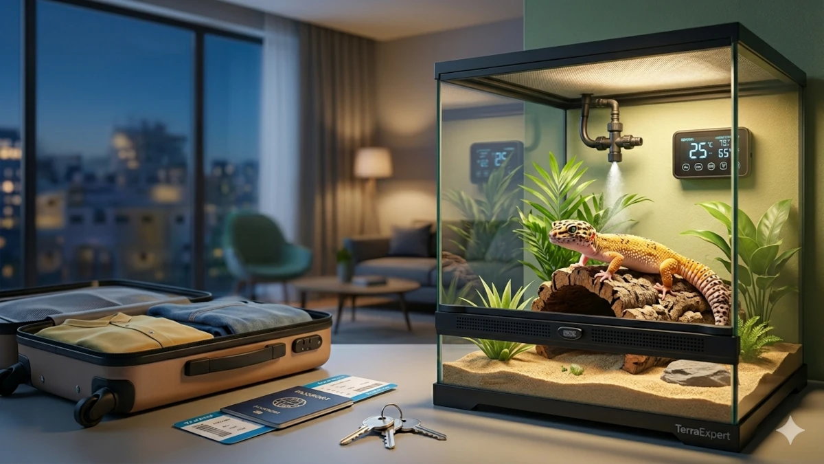 Un gecko léopard dans son terrarium automatisé à côté d'une valise ouverte, illustrant comment laisser son reptile seul pendant les vacances.