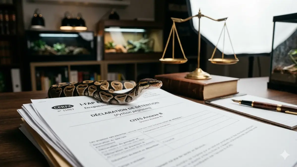 Un serpent Python royal posé sur des documents officiels de déclaration de détention Cerfa et d'enregistrement I-FAP, illustrant la législation reptile en France.