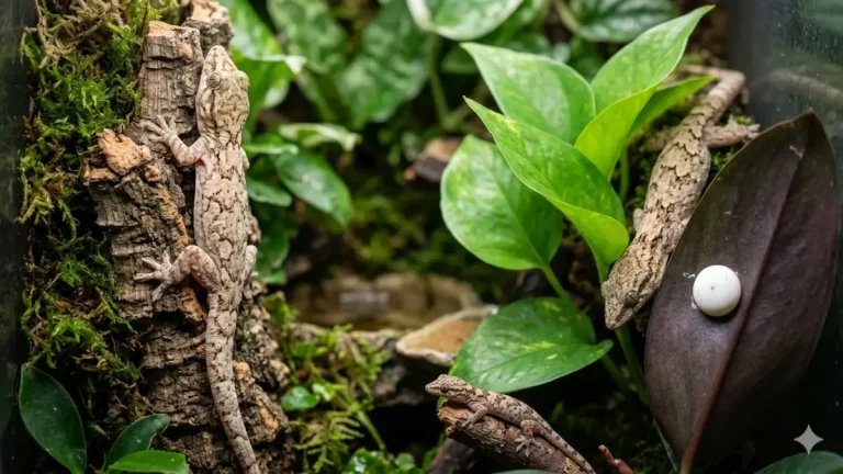 Trois femelles Lepidodactylus lugubris dans un terrarium bioactif avec un oeuf collé sur une plante.