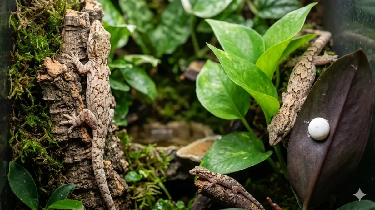Trois femelles Lepidodactylus lugubris dans un terrarium bioactif avec un oeuf collé sur une plante.