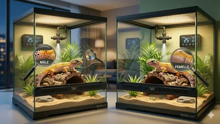 Comparatif visuel pour le sexage reptile avec deux terrariums côte à côte illustrant les différences anatomiques entre un gecko léopard mâle et une femelle.